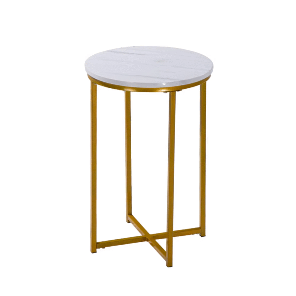 Mira Round Side Table – White Marble Top with Gold X-Frame Base